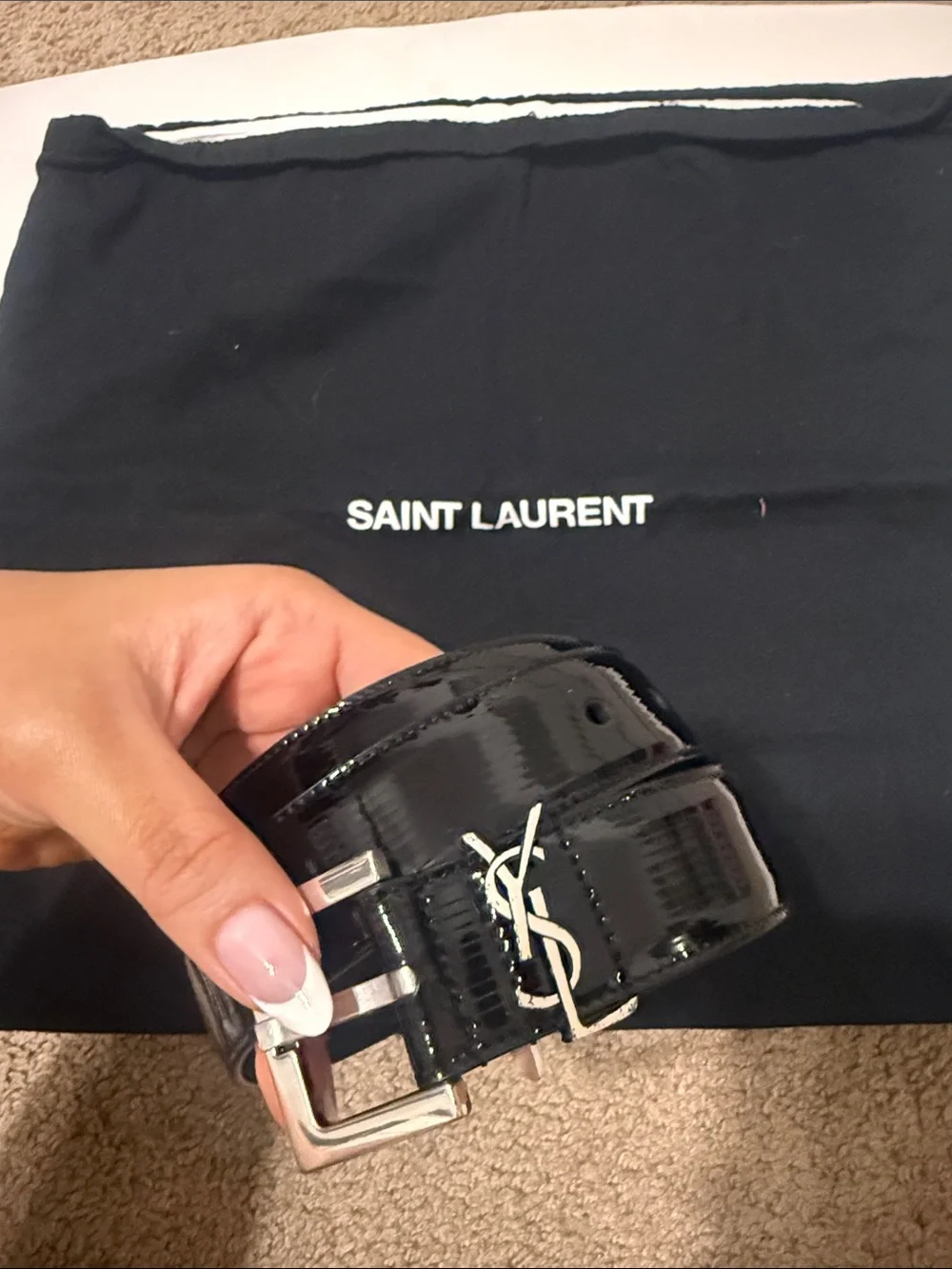 Saint Laurent Black Patent Leather YSL Buckle Belt